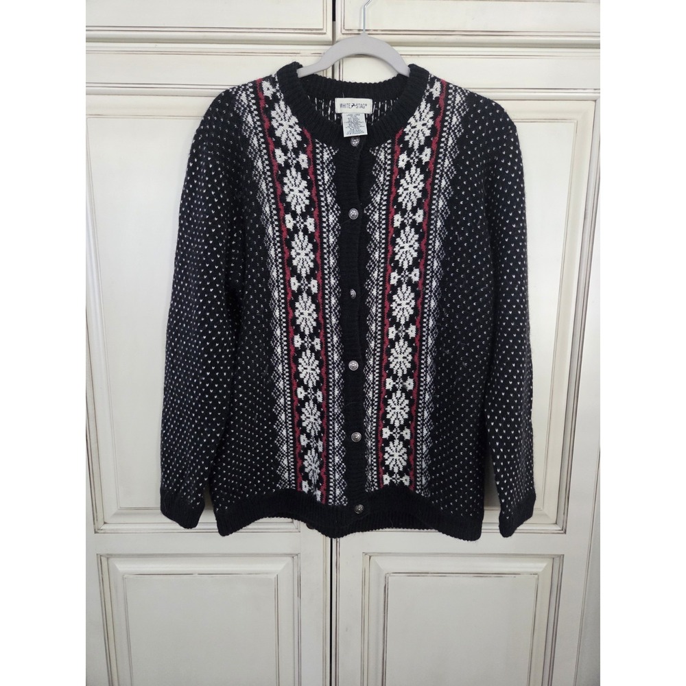 Vtg White Stag‎ Wool Blens Sweater Cardigan Snowflakes Women's Large 12/14
